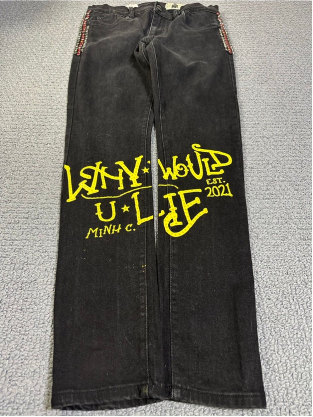 Industrial Indigo Black Skinny Jeans Studded Rhinestone Trim W36 L33